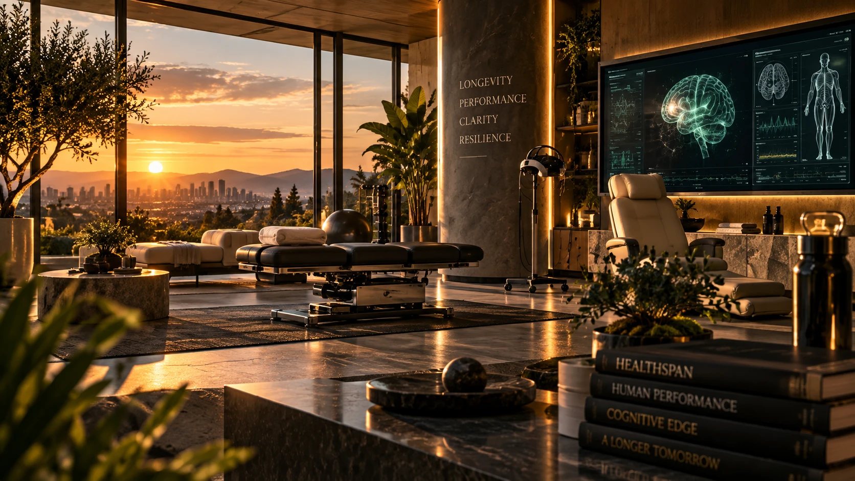 A longevity and human-performance suite at sunset: treatment table, recovery chair, and a wall display showing brain and full-body analytics, overlooking the city