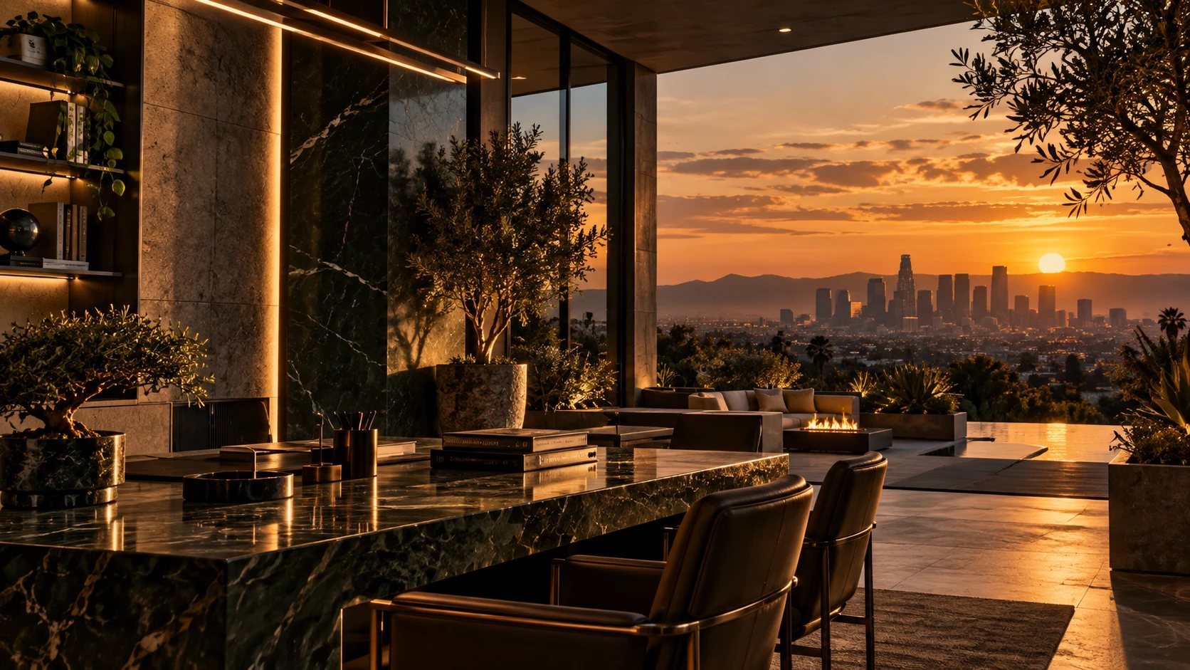 A marble meeting table and leather chairs opening onto a terrace with fire pit, pool and the Los Angeles skyline at sunset