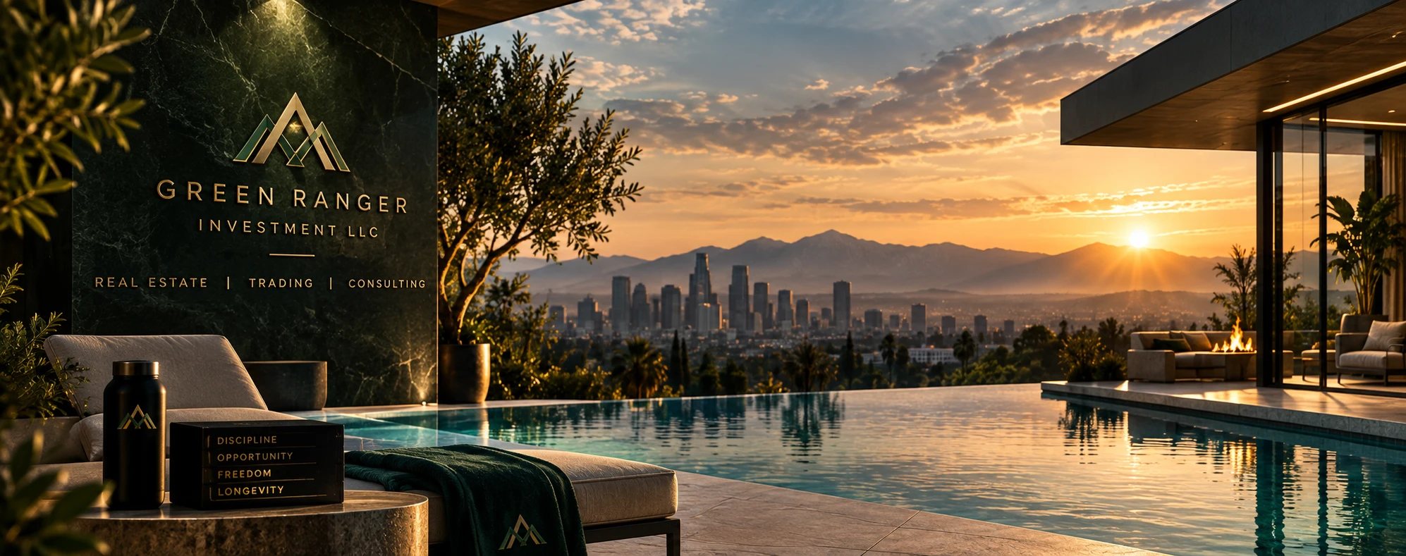 Green Ranger Investments LLC signage on a dark marble wall beside an infinity pool, overlooking the Los Angeles skyline and mountains at sunset