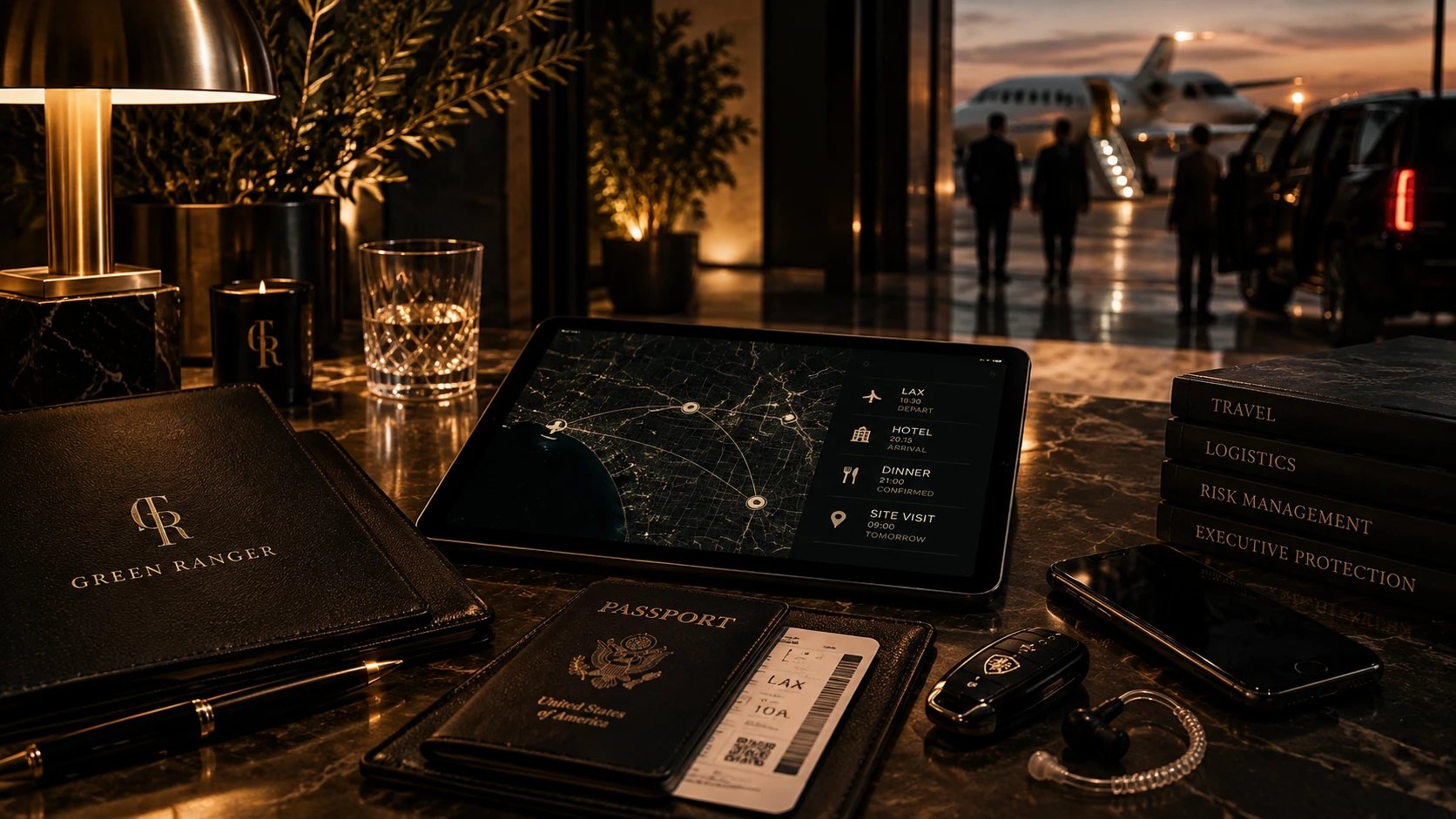 A private itinerary on a tablet beside a Green Ranger folio, passport and travel documents, with a waiting aircraft and vehicle beyond